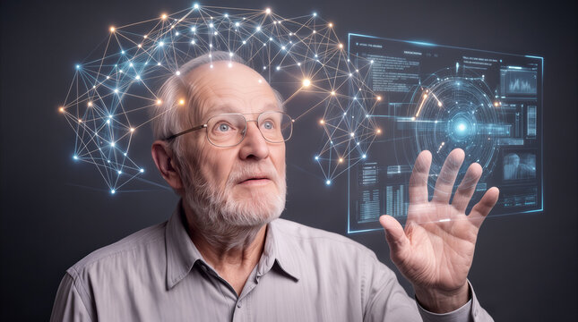 Pensioner interacting with futuristic holographic interface and neural network. Senior man using advanced digital technology for cognitive enhancement or data analysis.