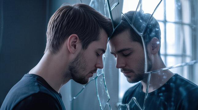 Depressed young man leaning head against broken mirror. Mental health struggle and emotional breakdown concept.