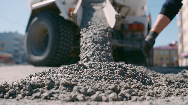 Industrial cement mixer truck pouring wet concrete mixture down chute at construction zone.