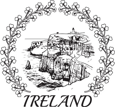 Ireland cliffs of moher coastal landscape illustration with shamrock clover wreath for irish heritage and travel souvenir design in black and white hand drawn vector engraving style art.