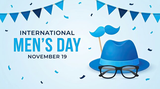 International Men's Day greeting card. Blue festive background with hat and mustache props.