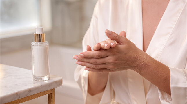Hands of mature woman rubbing moisturizer in bathroom. Skincare routine and anti-aging treatment at home.