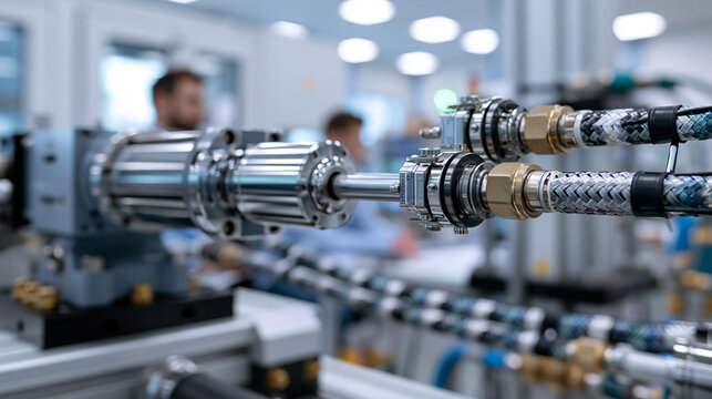 Aircraft landing gear hydraulic actuator mounted in a test rig with braided pressure hoses and precision force sensors attached polished chrome piston bright aerospace