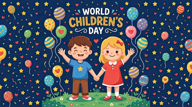 Happy children holding hands on World Children's Day. Kids celebrating with colorful balloons.