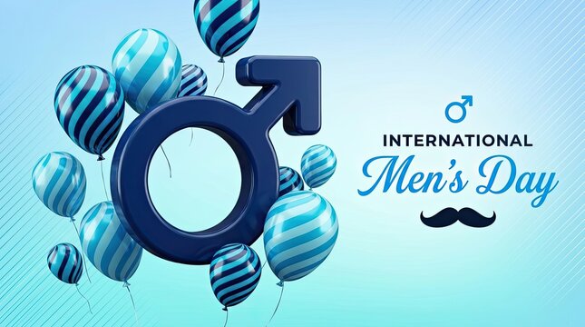 International Mens Day celebration banner. Blue male gender symbol with festive balloons.