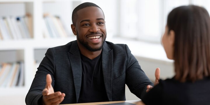 Businessman smiling and engaging with a client during an office meeting for corporate website banner and team communication background