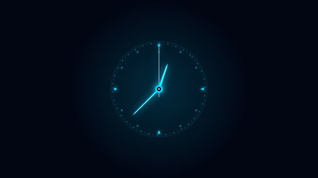Blue neon analog clocks with spinning hands in dark space