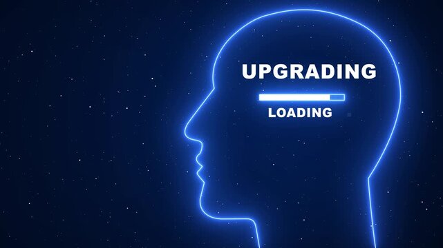 Human head silhouette with digital upgrading loading bar, artificial intelligence and mind expansion concept, futuristic technology animation