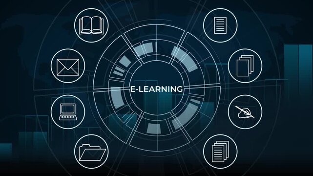 Futuristic HUD Interface E-Learning Concept Animation with Icons and World Map Background