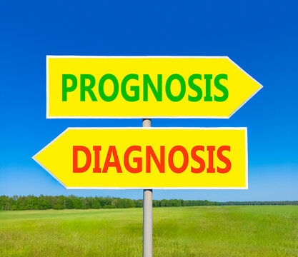 Prognosis vs diagnosis words symbol. Concept words Prognosis Diagnosis on beautiful yellow road sign. Beautiful blue sky background. Business medical prognosis vs diagnosis concept. Copy space.