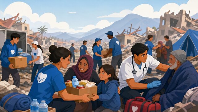 Humanitarian aid workers helping refugees. Volunteers providing relief in disaster zone.