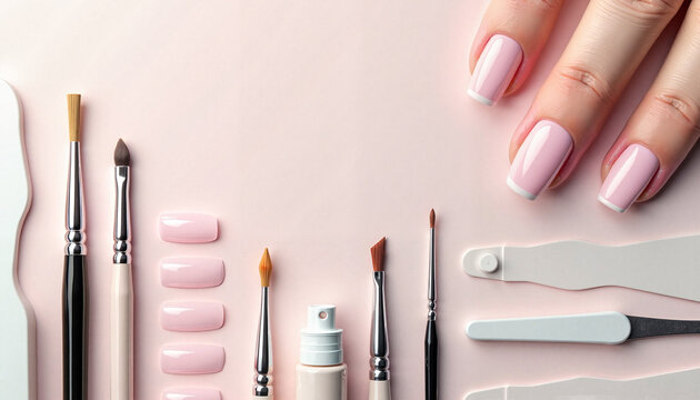 Woman hand with French manicure and nail tools on pink background, artificial nail tips strengthened with gel and acrylic, anicure training and nail care process