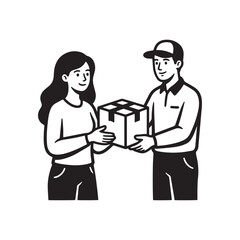 Obraz premium Delivery Courier Man Handing Over Cardboard Box Package to Female Customer, Parcel Delivery Concept, Black and White Line Art Vector