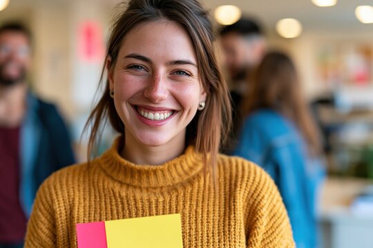 Wellbeing coordinator presenting blank resource cards in modern corporate office