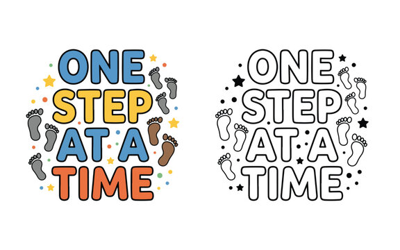 One step at a time motivational typography design featuring footprints and colorful shapes for daily inspiration posters