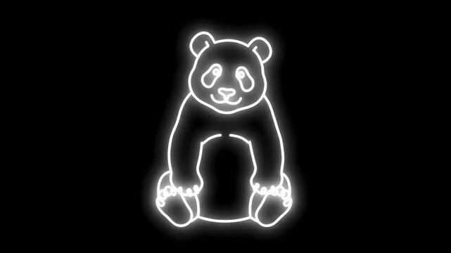 White Neon Line Art Panda Waving on Black Background