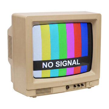 Retro beige CRT TV showing no signal color bars transparent PNG cutout