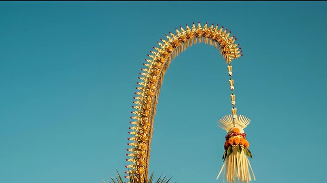 Balinese Penjor Bamboo Pole Against Clear Blue Sky 4K Video