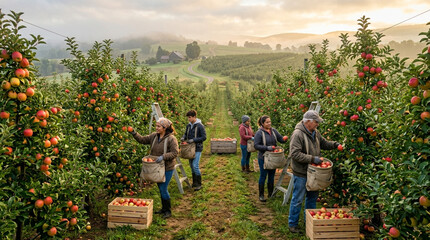 Fototapeta premium Apple Orchard Harvest: Diverse Farmers Picking Ripe Fruit at Sunrise