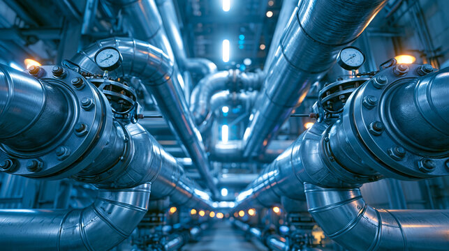 Industrial pipeline system with pressure gauges and control valves inside modern facility, blue toning.
