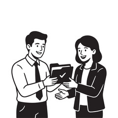 Fototapeta premium Businessman Handing Over Approved Document Folder with Check Mark to Businesswoman, Deal Approval Concept, Black and White Line Art Vector