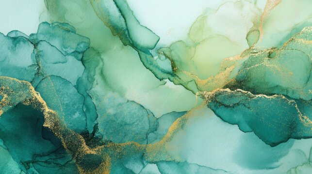 Contemporary watercolor background combining emerald green, jade and deep teal pigments creating fluid marble like organic patterns on premium cotton