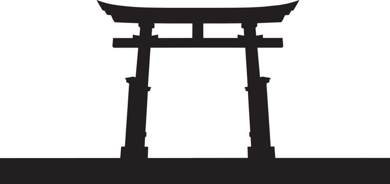 Black silhouette of a traditional japanese torii gate icon isolated on transparent background, Vector