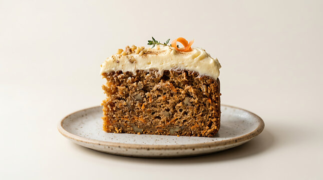 Delicious slice of carrot cake with creamy frosting and walnuts served on a ceramic plate.