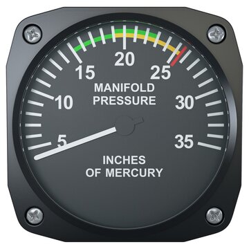 Aircraft manifold pressure gauge showing inches of mercury scale, isolated on a white background. 3D render image.