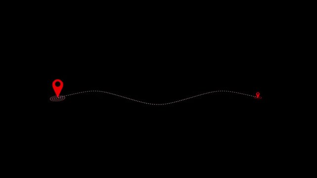 Red location pin and route line animation on a black background, showing navigation, GPS tracking and location mapping concept.