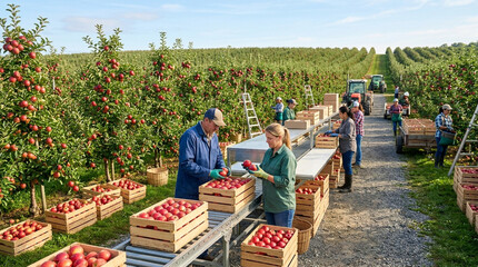 Fototapeta premium Apple Harvest: Workers sorting ripe red apples on conveyor belt in orchard