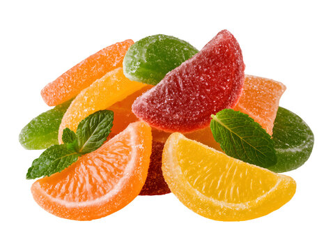 Citrus fruit marmalade jelly slices with mint isolated on transparent or white background, png