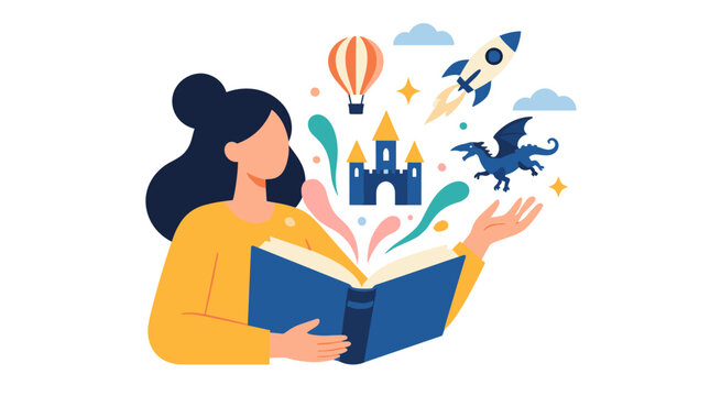 Woman reading book sparks imaginative adventures with dragons castles and rockets.