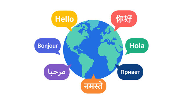 Global Earth with Multilingual Greeting Bubbles.