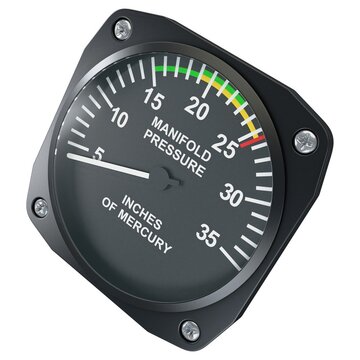 Aircraft manifold pressure gauge showing inches of mercury scale, isolated on a white background. 3D render image.