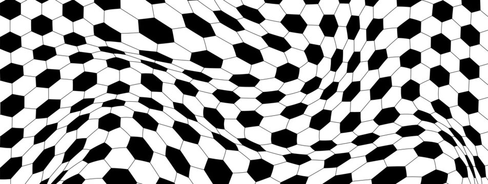 Distorted black and white grid with black and white soccer ball texture resembling leather, geometric hexagon pattern, sporty repeating vector background, laconic sports wallpaper for sports graphics