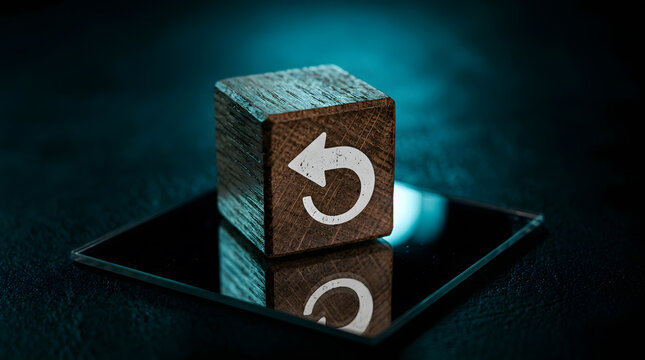 undo symbol on wooden block | reset button conceptual photography | restart and repeat business concept | wood cube with arrow reflection | back to basics management icon