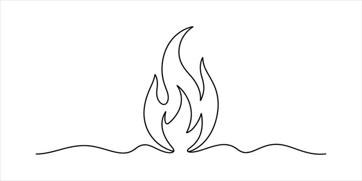 Continuous single line drawing of a fire flame icon showing a simple black outline of a burning blaze for creative design projects and minimal graphics