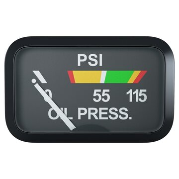 Aircraft oil pressure gauge with OIL PRESS. text and PSI scale, isolated on a white background. 3D render image.