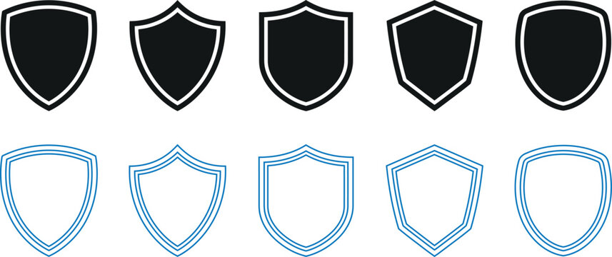 Set of black and white shield icons representing security protection and defense symbols for modern graphic design projects