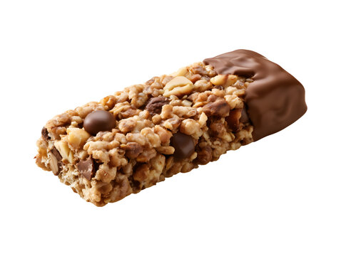 Granola bar dipped in chocolate isolated on transparent or white background, png