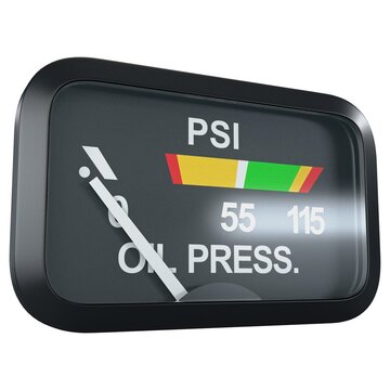 Aircraft oil pressure gauge with OIL PRESS. text and PSI scale, isolated on a white background. 3D render image.