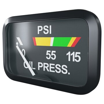 Aircraft oil pressure gauge with OIL PRESS. text and PSI scale, isolated on a white background. 3D render image.