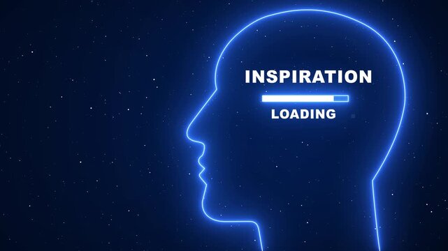 Neon human head silhouette with inspiration loading progress bar, abstract digital mind concept for creative thinking and innovation