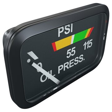 Aircraft oil pressure gauge with OIL PRESS. text and PSI scale, isolated on a white background. 3D render image.