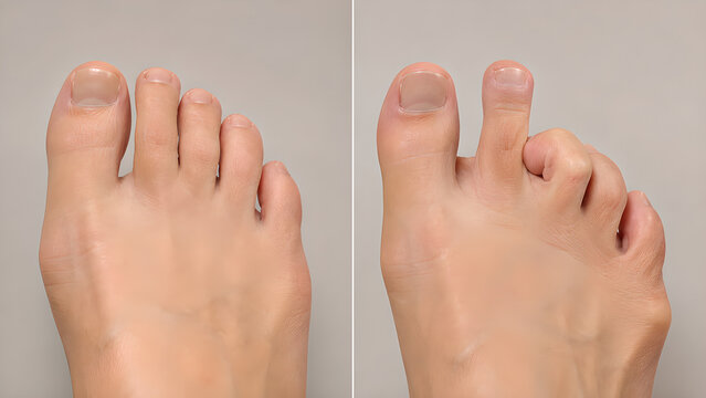 Hammer Toe vs Normal Toe Anatomy Comparison, Photorealistic Medical Illustration of Curled Toe Deformity for Podiatry, Orthopedic, Healthcare, Clinical Training and Patient Education Use