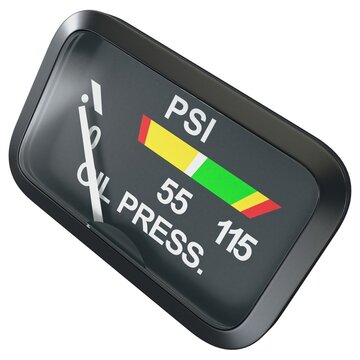 Aircraft oil pressure gauge with OIL PRESS. text and PSI scale, isolated on a white background. 3D render image.