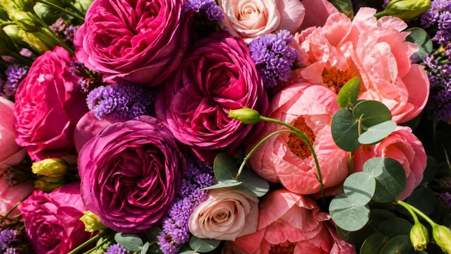 Close-up of magenta roses and pastel flowers in lush bouquet