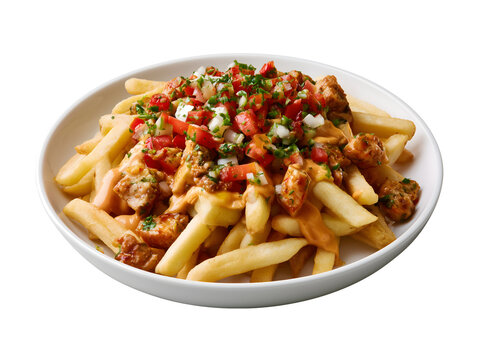 Loaded french fries with chicken cheese sauce and salsa isolated on transparent or white background, png