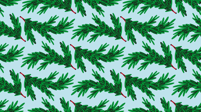 Dense Evergreen Branch Seamless Pattern, Hand Drawn Winter Botanical Surface Design for Christmas Wrapping Paper, Fabric, Wallpaper and Holiday Decor